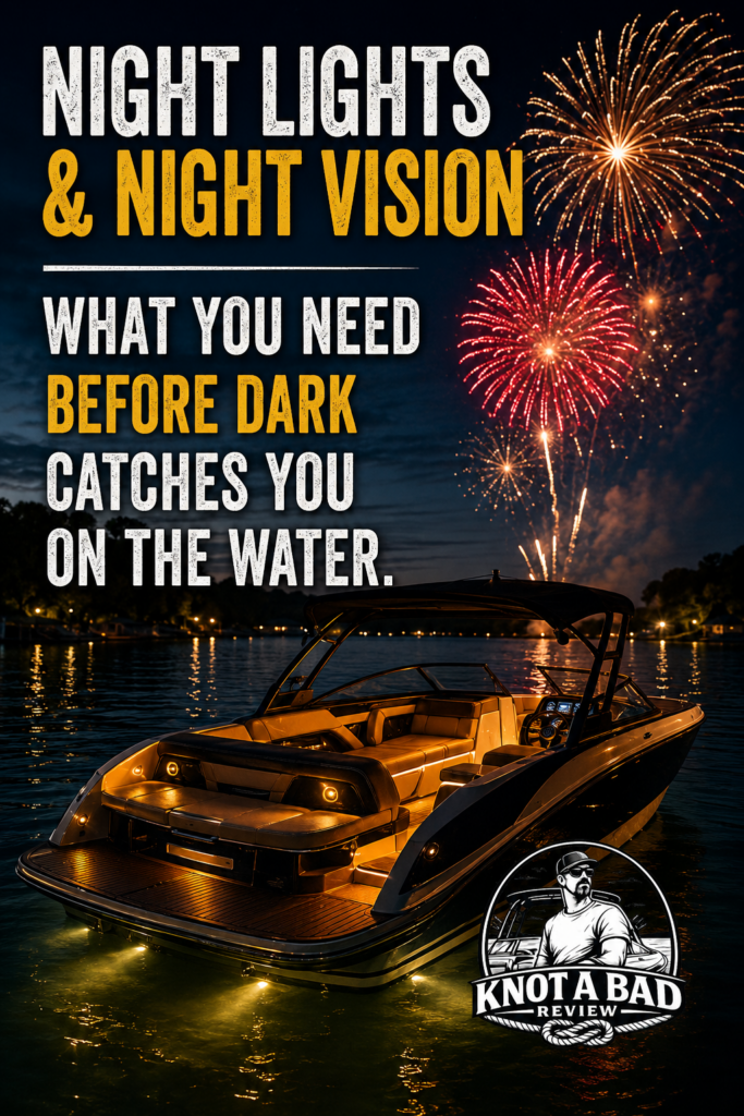 boat anchor light glowing at night on lake or bowrider running lights at night with fireworks in background